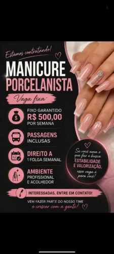 Vaga de manicure porcelanista fixo mais comissão