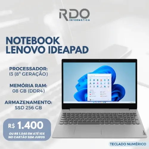 Notebook Lenovo IdeaPad i3 8ª Ger 8GB RAM SSD 256GB Teclado Numérico - Ideal para trabalho