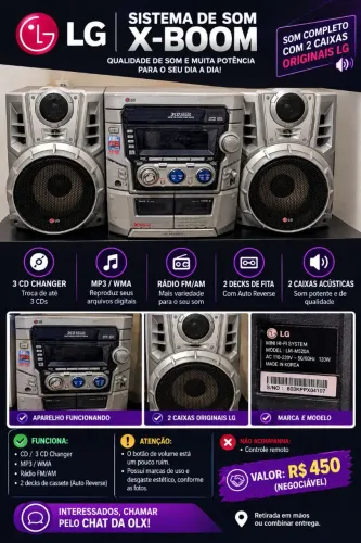 Som LG X-Boom 3D com 2 Caixas Originais - CD, MP3, Rádio e Cassete