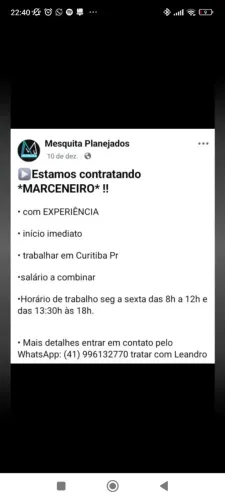 Vaga para marceneiro com experiência
