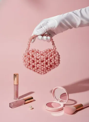 Bolsa de pérolas rose, em formato de coração. 