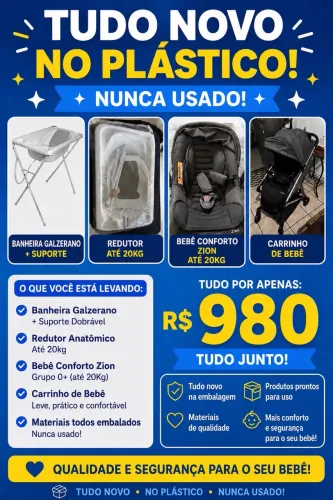 carrinho, bebê conforto e banheira