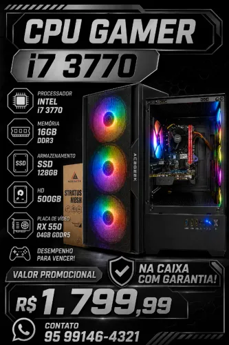 Cpu Gamer i7 3770 16Gb de Ram Ddr3 + Rx 550 04Gb Gddr5 na Cx com Garantia.