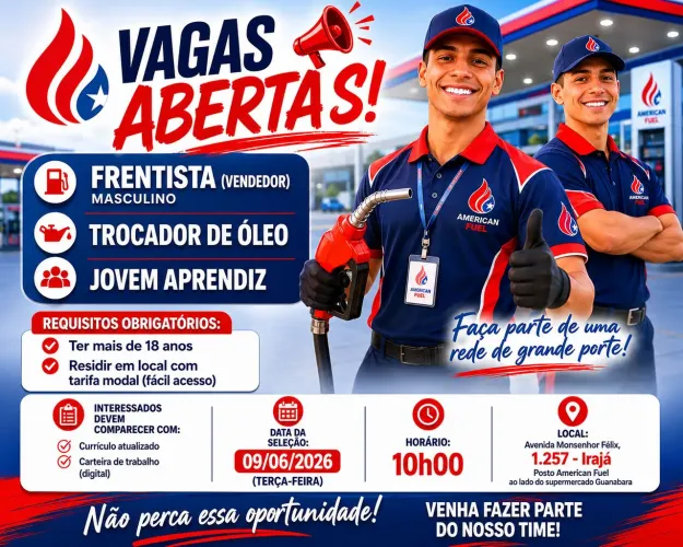 VAGAS PARA FRENTISTA (VENDEDOR) JOVEM APRENDIZ E TROCADOR DE ÓLEO - IRAJÁ<br>
