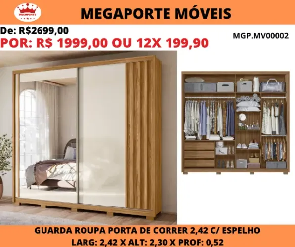 Guarda Roupa Casal 2,42 Portas de Correr C/Espelho