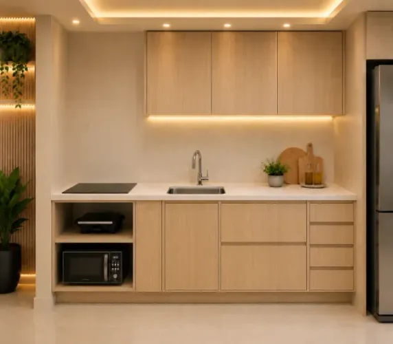 Cozinha S.07-01 - MDF 100% com Bancada em Quartzo Branco Zeus