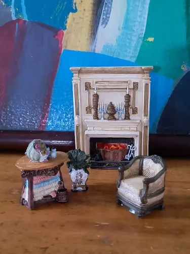 sala de estar em miniatura decoração antiga antiquario vintage resina casa mini coleção