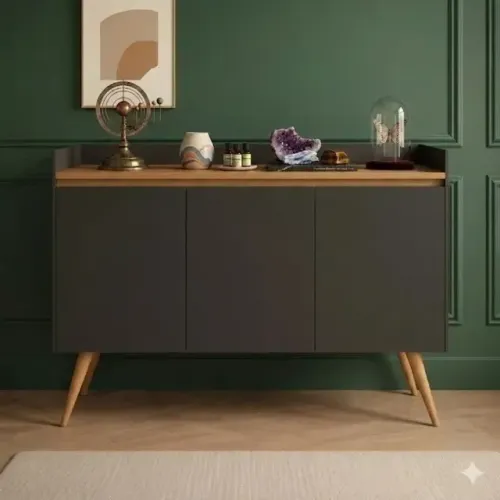 Buffet Gold Preto/Mel com 3 Portas | Pés Retrô