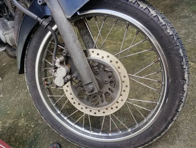 Troco Aro de ferro com raio inox, freio a disco. Em aro pé de galinha 