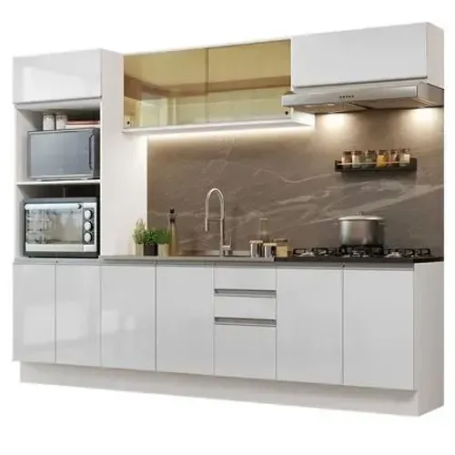 Cozinha Completa MDF 270 Com Armário E Balcão Branco Brilho
