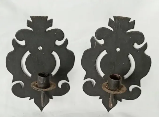 Par Antigas Arandelas parede ferro patinado preto uma vela Década 70