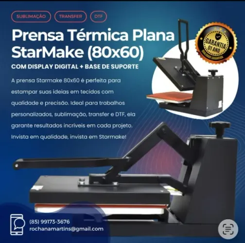 PRENSA TERMICA PLANA STARMAKE(80 x 60) COM DISPLAY DIGITAL - ACEITAMOS CARTÃO 