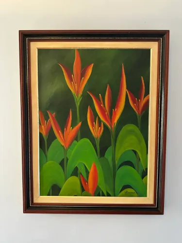 Óleo sobre tela Lírios, cores vibrantes e harmônicas, com moldura em madeira