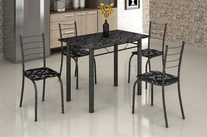 Mesa Rio 100x60 Martelado Tmp Pedra Indiana Preto com 4 Cds Marteado.