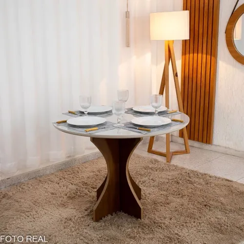 Mesa de Jantar Siena Tampo Redondo Vidro Off 100x100 Cinamomo/Off 100% MDF