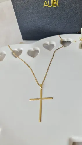 Colar e Pingente Cruz em Ouro 18k