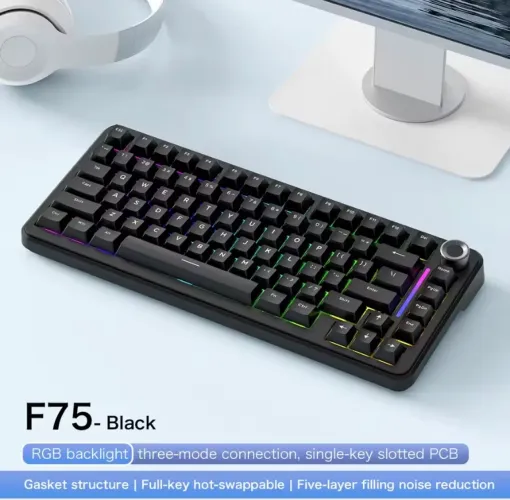 Teclado Mecânico FreeWolf F75 Gamer Tri Mode 75% Led Rgb Hot Swappable Black
