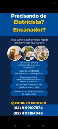 Eletricista, encanador, desentupimento 