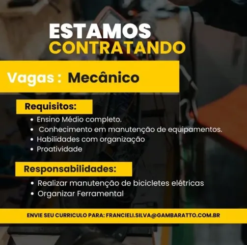 Vaga para mecânico de bike elétrica urgente