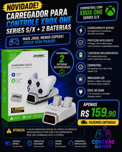 Base Dock Carregadora Xbox One Series S X Com 2 Baterias