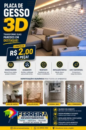 Placa de gesso 3D a partir de R$ 2,00 a peça