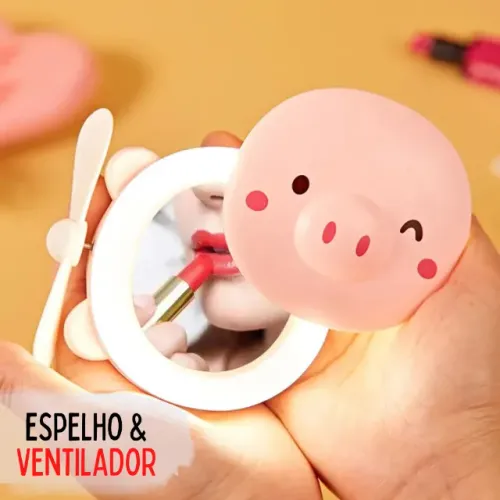 Ventilador Portátil Porquinho Com Led e Espelho _ BE25