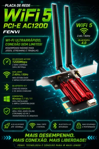 Placa de Rede FENVI WiFi 5 PCI-E AC1200, 2.4Ghz 5Ghz, 802.11AC + Bluetooth 4.0