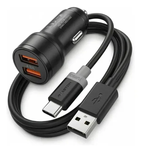 Carregador Veicular 4.8A 2 USB Com Cabo Tipo C Carga Rápida Preto<br>