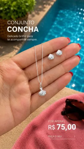 Anel Solitário Prata 925Conjunto (Colar + Par de Brincos) Concha Prata 925