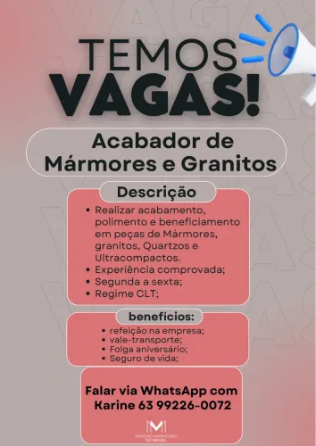 Vaga para Acabador de Mármores e Granitos 