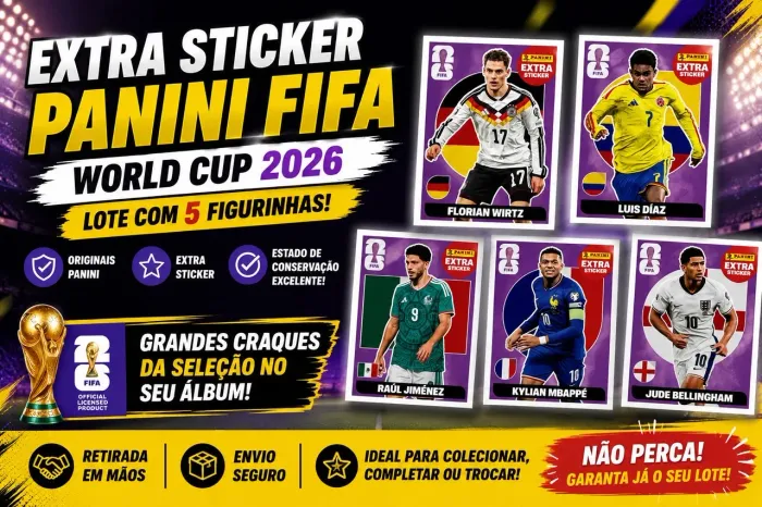 FIGURINHAS EXTRA STICKER PANINI FIFA WORLD CUP 2026 - LOTE COM 5 UNIDADES!
