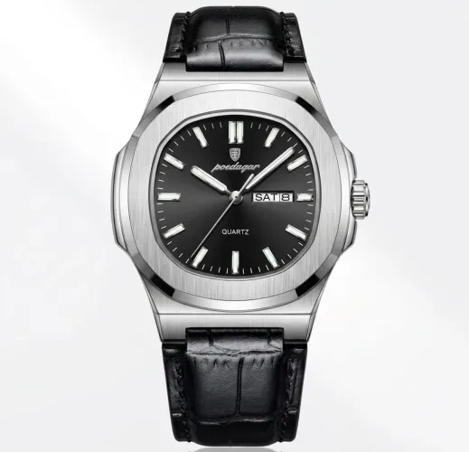 Relógio Poedagar 853 Black Silver Octagonal Caixa Preta Pulseira Couro Preta Social Lindo