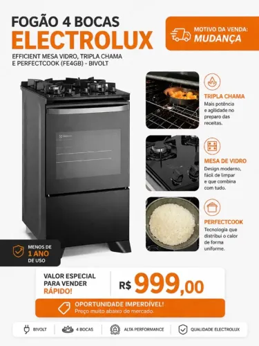 Fogão 4 bocas Electrolux Preto Efficient Mesa Vidro, Tripla Chama e PerfectCook (FE4GB)