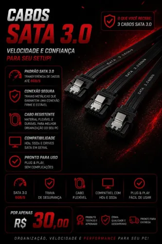 Kit com 3 Cabos Sata 3.0 - 6GB/S