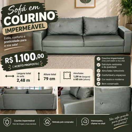 SOFÁ EM COURINO IMPERMEÁVEL - 2,48 METROS