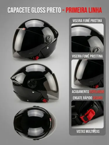 Capacete de Moto Preto Gloss com Viseira Fumê - Excelente Estado!
