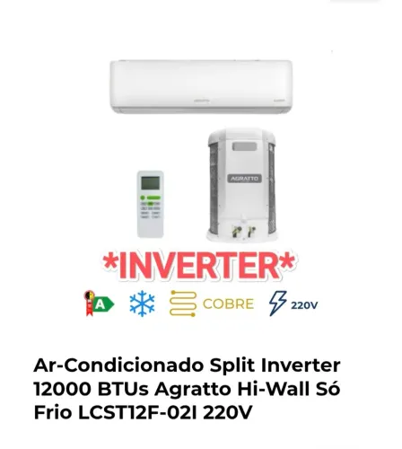 Ar Split Agratto Inverter 12.000 BTUs + Novo + Nota + 1 Ano Garantia+ Cartão 12x!!!