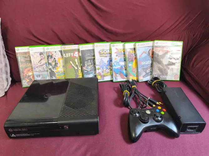 XBOX 360 SUPER SLIM MODELO E - COMPLETO + 10 JOGOS