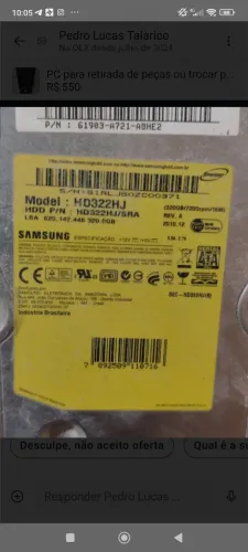 USADO HD Interno Samsung Sata 320GB modelo 322HJ