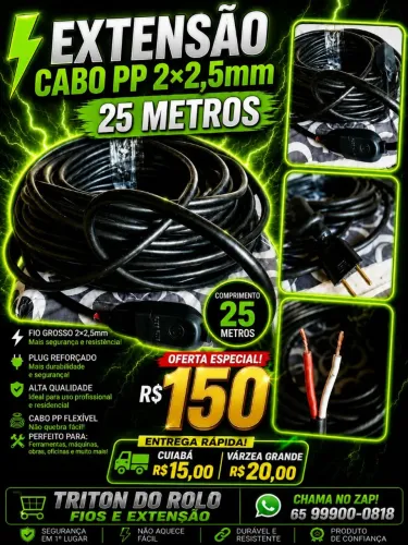 Extensão Cabo PP 2×2.5 mm Flexível 25 Metros