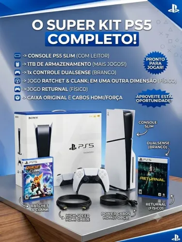 Playstation 5 Slim, com leitor de discos, SSD 1TB, 1 controle Dualsense + 2 Jogos (físico)