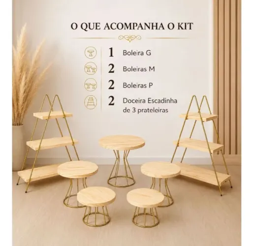 Kit Festa Completo 5 Boleiras e 2 Doceiras Escadinha com Madeira Pinus e Ferro Reforçado