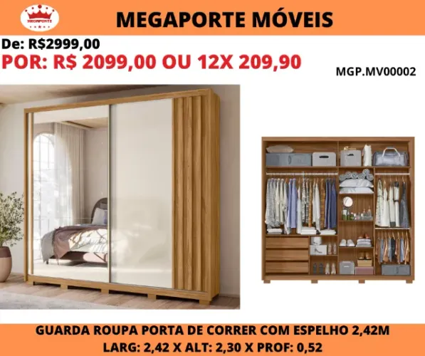 Guarda Roupa Dunas Portas de Correr 2,42 com Espelho