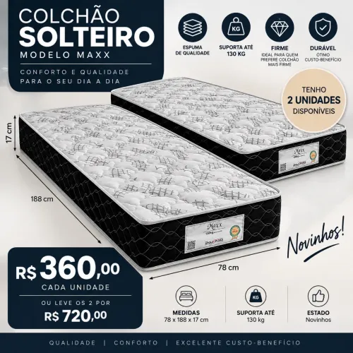 2 COLCHÕES DE SOLTEIRO NOVINHOS! Tenho 2 unidades disponíveis.