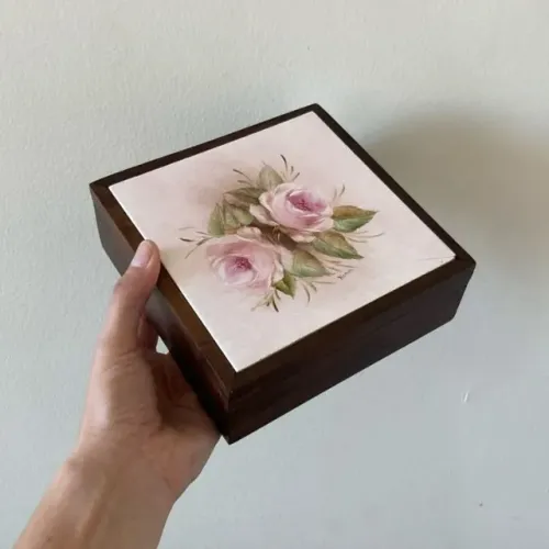 caixa de madeira feita à mão azulejo aquarela artesanato antigo rosa flor porta-joias