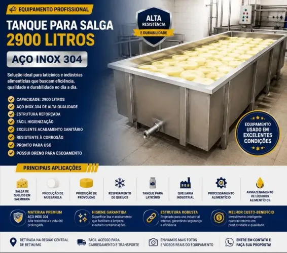 Tanque Para Salga 2900L em Aço Inox 304 | Ideal Para Queijaria e Laticínios