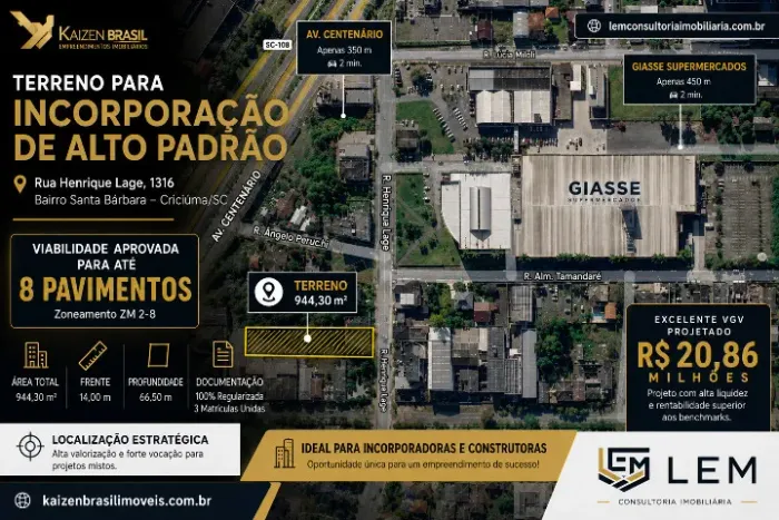 Terreno de 944m² com Viabilidade para 8 Pavimentos em Criciuma.