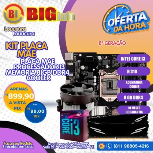  Kit Intel Core Core i3-8100T, Placa Mãe H310, Memória 8GB DDR4, Cooler - Em ate 10x Fixas