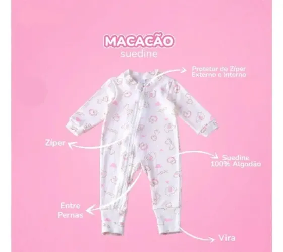 Macacão Bebê Vira Pé Safari Rosa Tam P