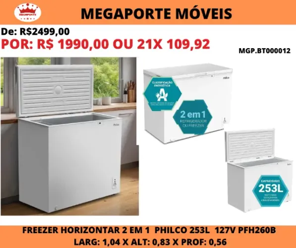 Freezer Horizontal 2 em 1 Philco 253L 127V